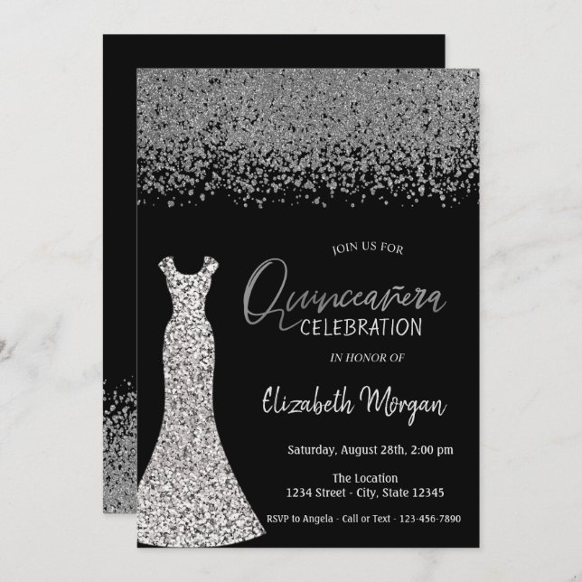 Invitación Diamantes plateados, secuelas vestidos con quincea (Anverso / Reverso)