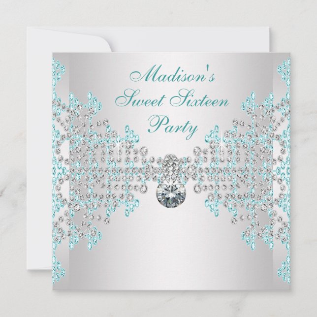 Invitación Diamantes plateados Verde azulados Blue Sweet 16 F (Anverso)
