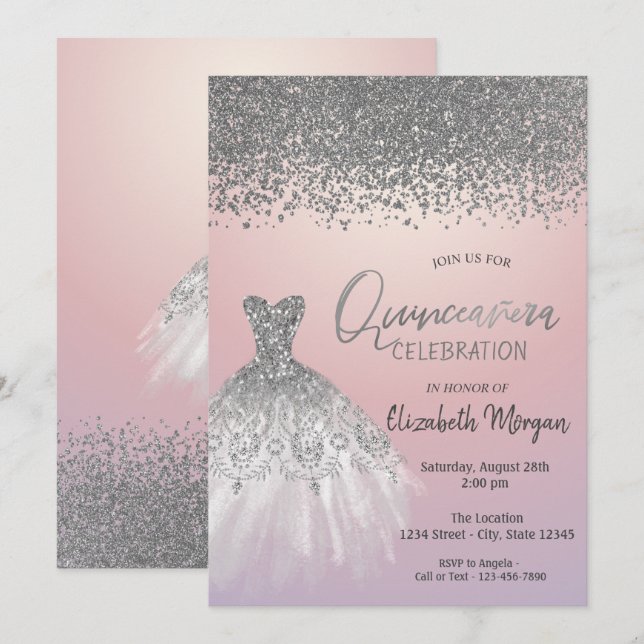 Invitación Diamantes plateados, vestidos Purpurinas Rosa Quin (Anverso / Reverso)
