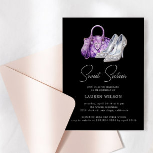 Invitación Diamantes Púrpura Purpurina Dulce Dieciséis Cumple
