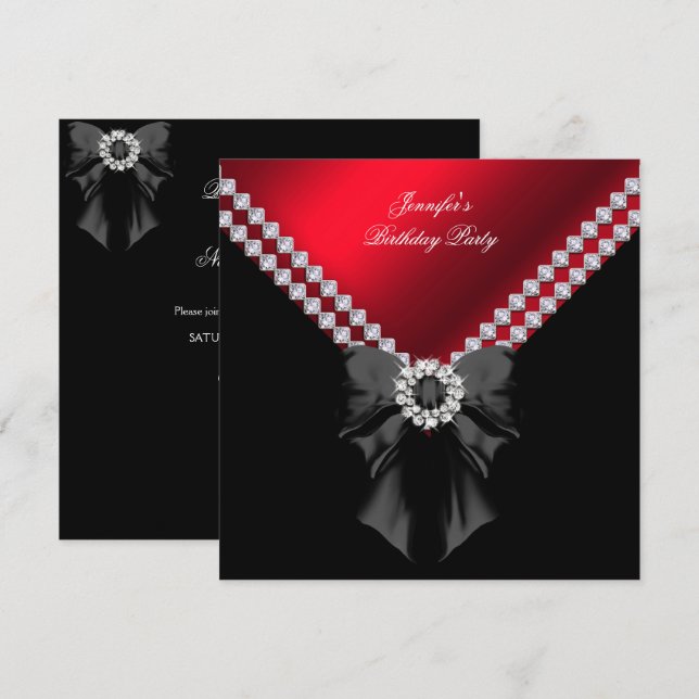 Invitación Diamantes Rojos Elegante Fiesta de Cumpleaños Negr (Anverso / Reverso)