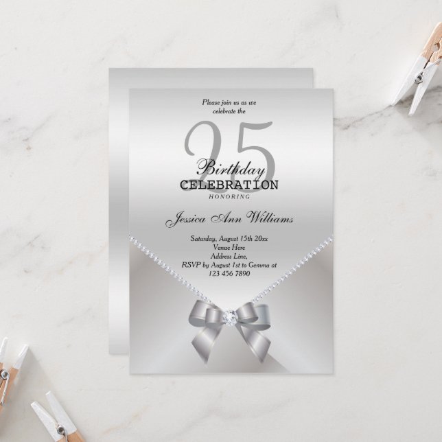 Invitación Diamantes románticos y arco de plata Cumpleaños 25 (Anverso/Reverso In Situ)