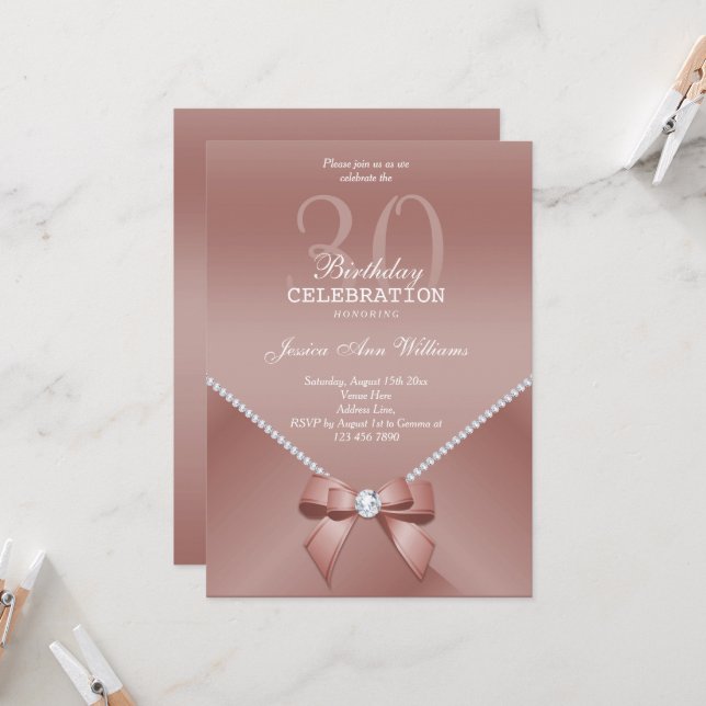 Invitación Diamantes románticos y oro Rosa 30 cumpleaños (Anverso/Reverso In Situ)