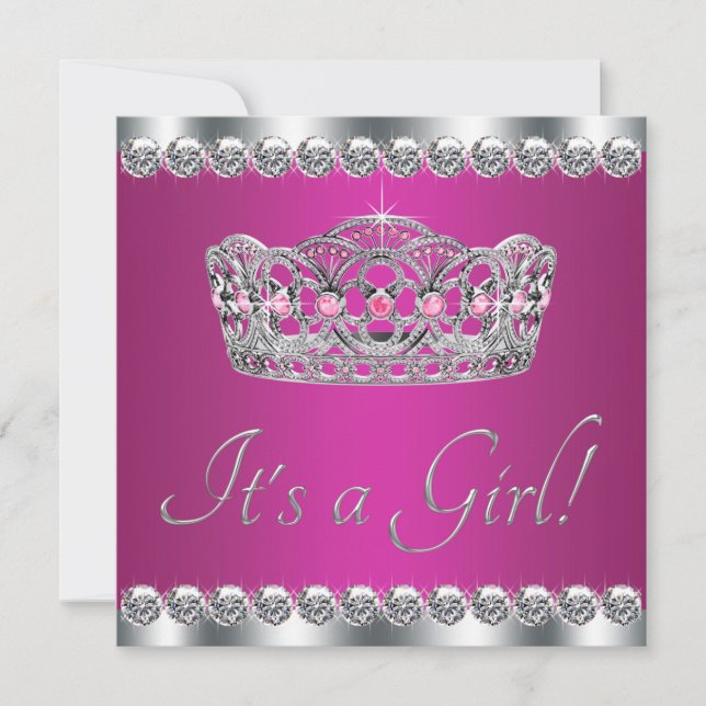 Invitación Diamantes Rosa Caliente Princesa Baby Shower (Anverso)