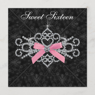 Invitación Diamantes Rosa Negro Damasco Fiesta de Cumpleaños 