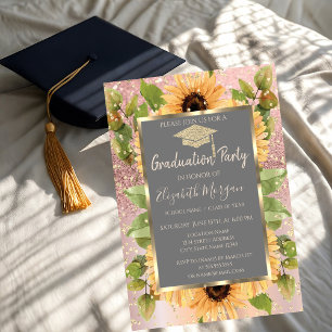 Invitación Diamantes Rosa Oro Brillo Girasoles Graduación