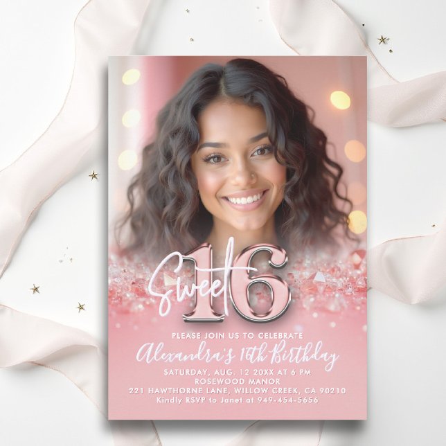 Invitación Diamantes Rosa Oro Moda moderna Foto Dulce 16 (sweet sixteen invitation 16th birthday diamonds rose gold blush pink photo template fashion teenager)