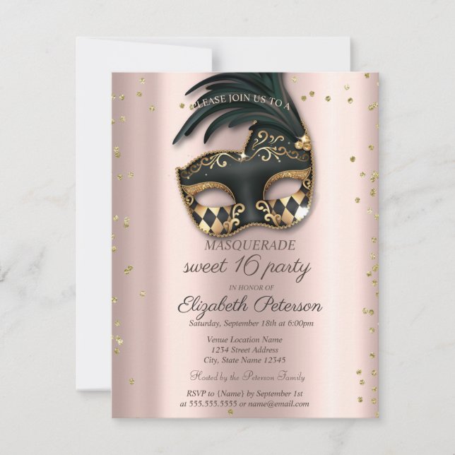 Invitación Diamantes Rosa Oro Negro Máscara Dulce 16 (Anverso)