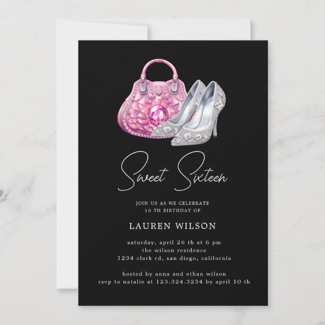 Invitación diamantes rosados purpurina dulce cumpleaños dieci (Anverso)