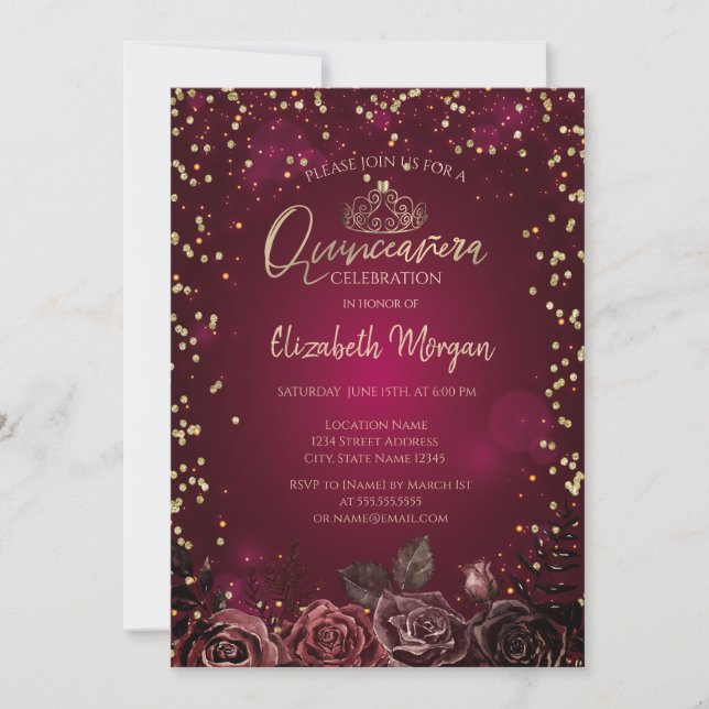 Invitación Diamantes, Rosas de Tiara Borgoña Quinceañera (Anverso)