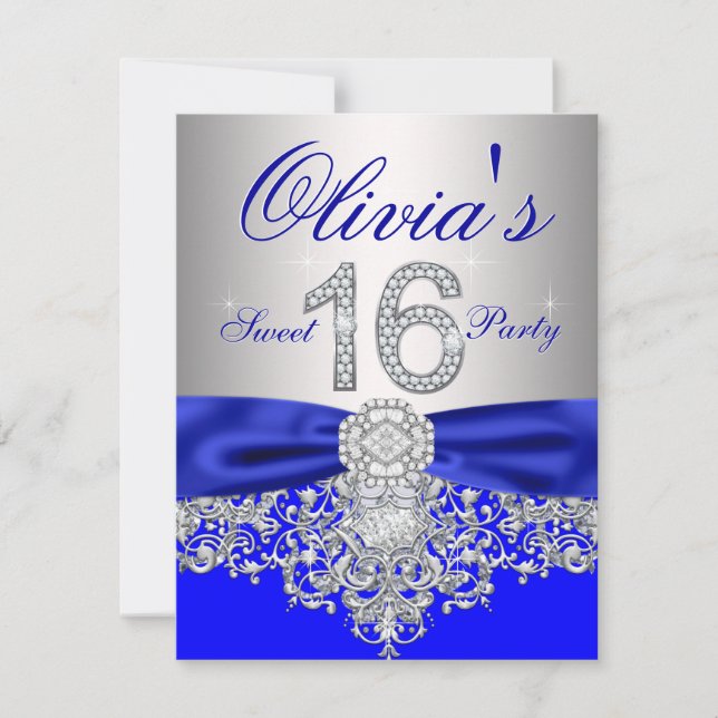 Invitación Diamantes Royal Blue y Silver Sweet 16 Fiestas (Anverso)