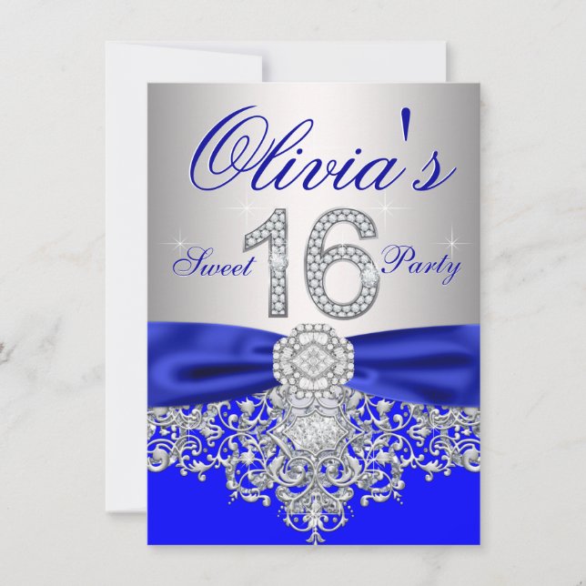 Invitación Diamantes Royal Blue y Silver Sweet 16 Fiestas (Anverso)