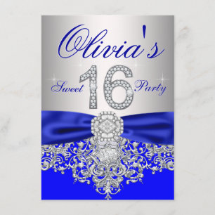 Invitación Diamantes Royal Blue y Silver Sweet 16 Fiestas
