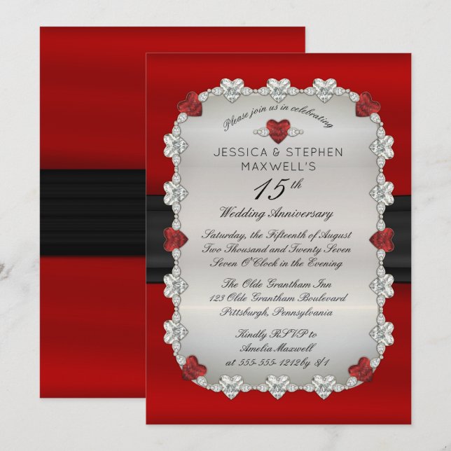 Invitación Diamantes Rubies Rojo 15° Aniversario Boda (Anverso / Reverso)