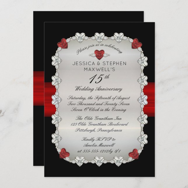 Invitación Diamantes Rubíes Rojo 15 Aniversario de Boda (Anverso / Reverso)
