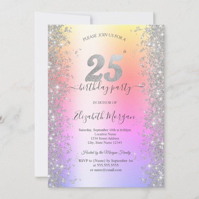 Invitación Diamantes Silver Sparkle Ombre Fiesta de Cumpleaño (Anverso)