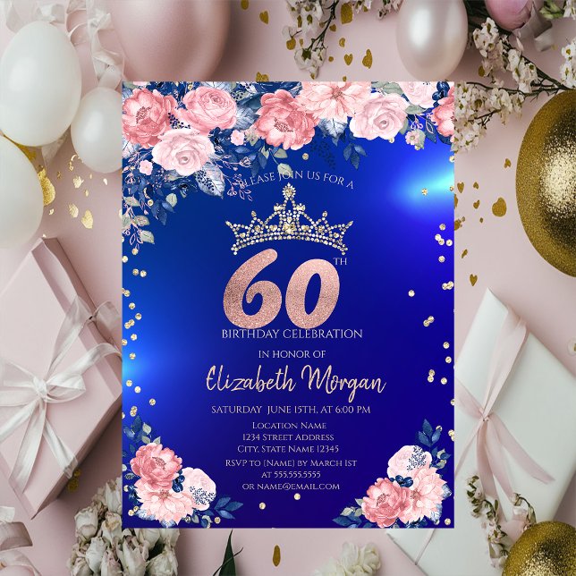Invitación Diamantes Tiara Dorada Flores Cumpleaños 60 Azul (Subido por el creador)