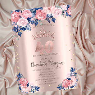 Invitación Diamantes Tiara Rosas Azules Rosa de Oro Cumpleaño