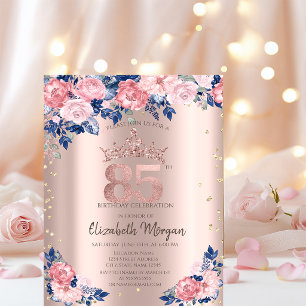 Invitación Diamantes Tiara Rosas Azules Rosa de Oro Cumpleaño