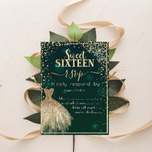 Invitación Diamantes Tiara Vestido Verde Dorado RSVP Sweet 16