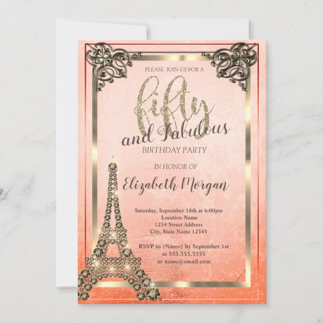 Invitación Diamantes Torre Eiffel, Borde Naranja Cumpleaños 5 (Anverso)