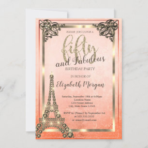 Invitación Diamantes Torre Eiffel, Borde Naranja Cumpleaños 5