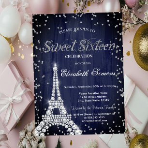 Invitación Diamantes Torre Eiffel Diamantes Azul Marino Dulce