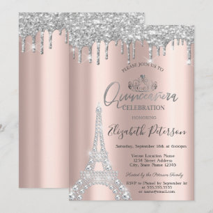 Invitación Diamantes Torre Eiffel, Goteo Plata Quinceañera