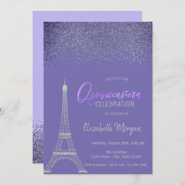 Invitación Diamantes, Torre Eiffel Luz Púrpura Quinceañera (Anverso / Reverso)