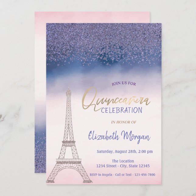 Invitación Diamantes, Torre Eiffel Ombre Quinceanera (Anverso / Reverso)