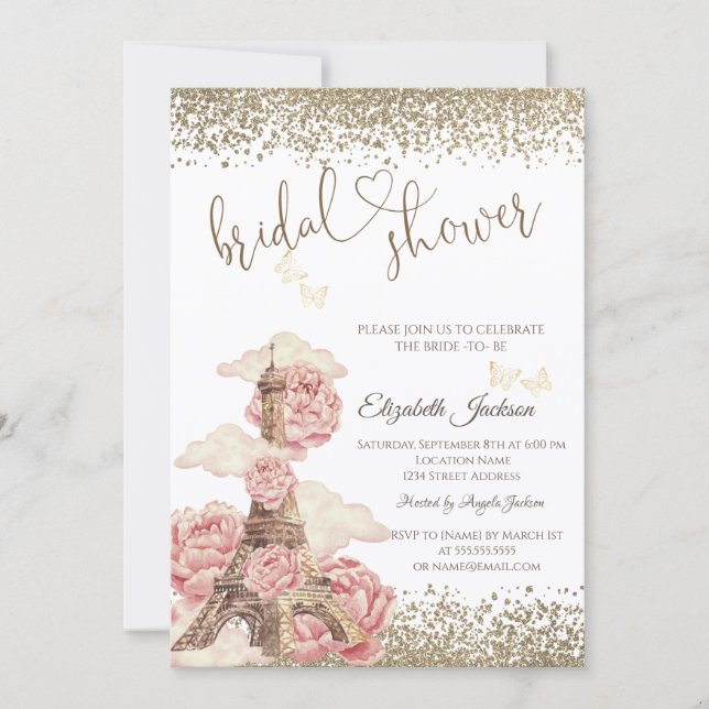 Invitación Diamantes Torre Eiffel Peonías Mariposa (Anverso)