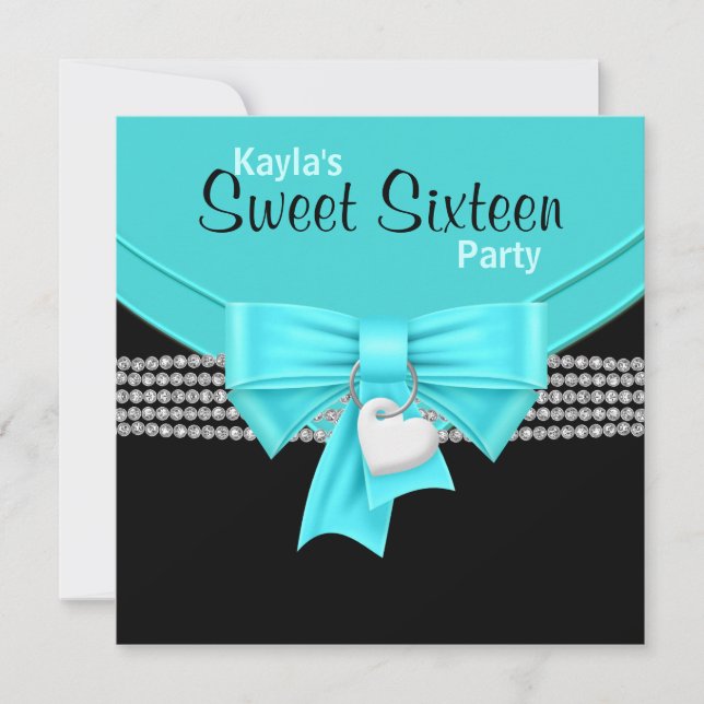 Invitación Diamantes Verde azulado Blue Black Sweet 16 Fiesta (Anverso)