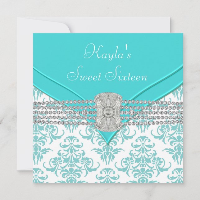 Invitación Diamantes Verde azulado Blue Damask Sweet Dieciséi (Anverso)