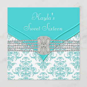 Invitación Diamantes Verde azulado Blue Damask Sweet Dieciséi