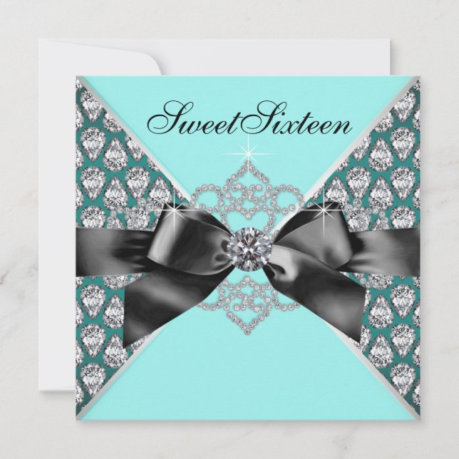Invitación Diamantes Verde azulados Blue Sweet 16 Fiesta de c (Anverso)