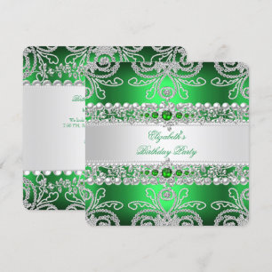 Invitación Diamantes Verdes Elegantes Cumpleaños Floral Plata