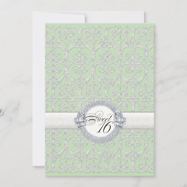 Invitación Diamantes verdes y plateados y encajes, dulce diec (Anverso)