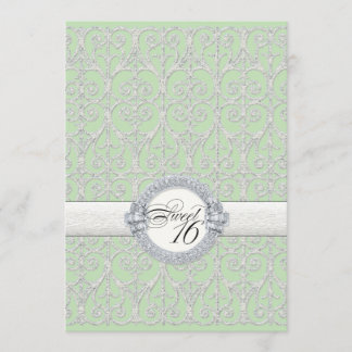 Invitación Diamantes verdes y plateados y encajes, dulce diec