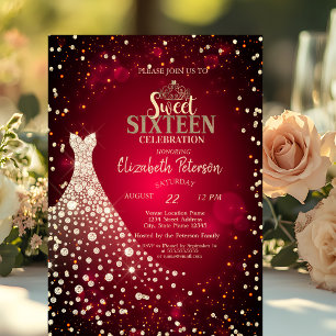 Invitación Diamantes, Vestido, Dulces 16 Rojos
