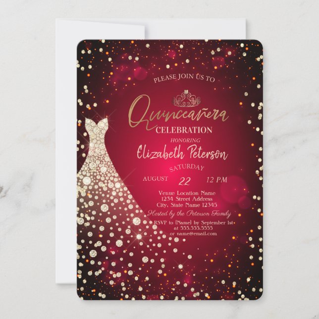 Invitación Diamantes, vestido, quinceañera roja (Anverso)
