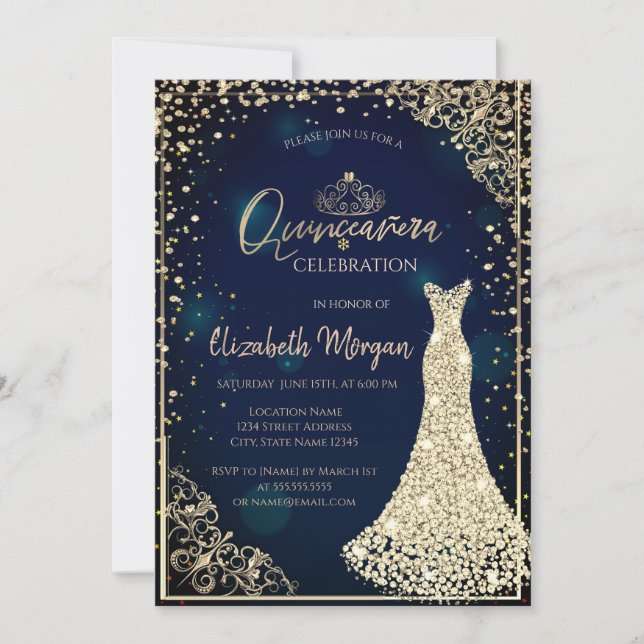 Invitación Diamantes Vestidos de la Marina Tiara Azul Quincea (Anverso)