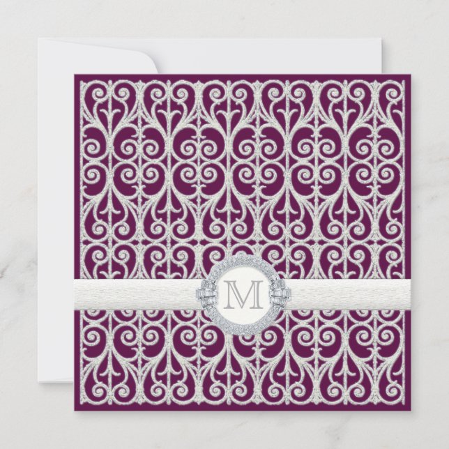 Invitación Diamantes y encaje de ciruelas púrpuras, Boda mono (Anverso)