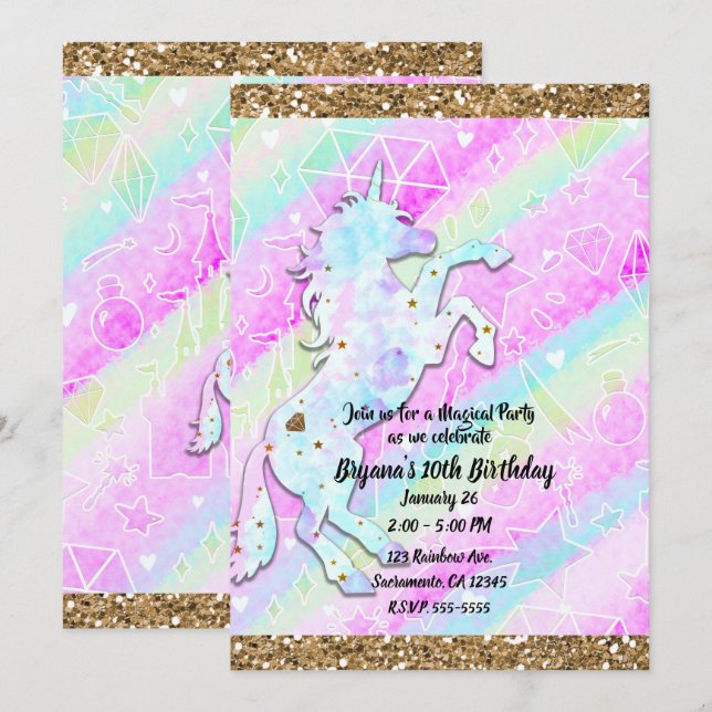 Invitación Diamantes y Estrellas de Arcoíris de Pastel Unicor (Anverso / Reverso)