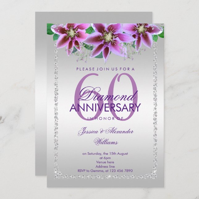 Invitación Diamantes y Flores con Clase 60 Aniversario de Bod (Anverso / Reverso)