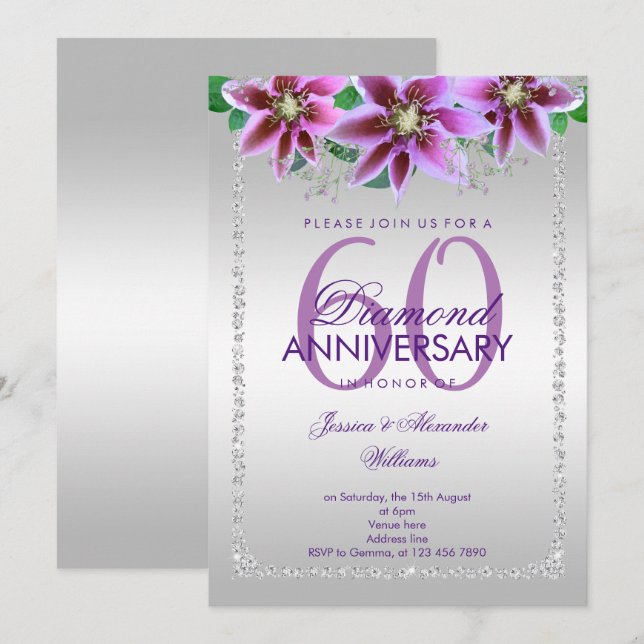 Invitación Diamantes y Flores de Lujo 60º Aniversario de Boda (Anverso / Reverso)