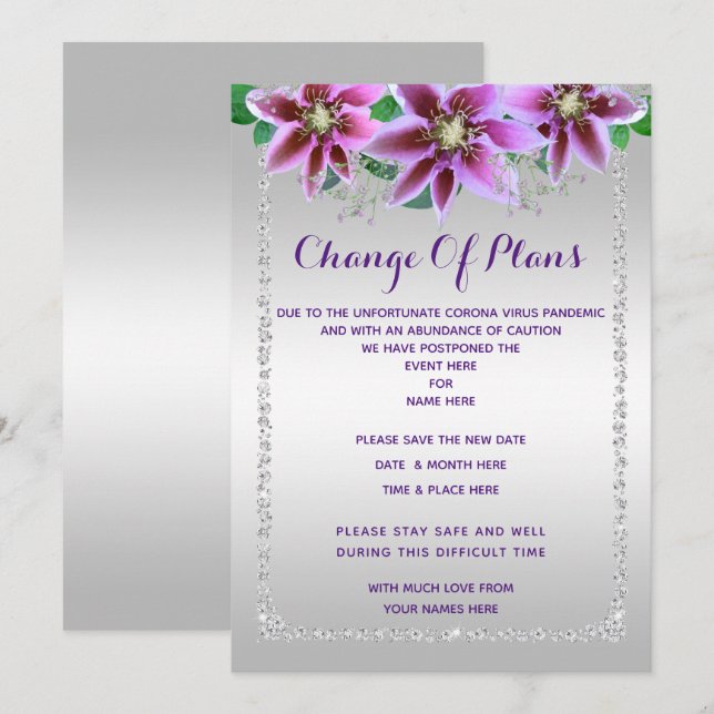 Invitación Diamantes y Flores Elegantes Cambio de Planes (Anverso / Reverso)