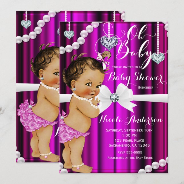 Invitación Diamantes y perlas Baby Shower de cosecha rosa cal (Anverso / Reverso)