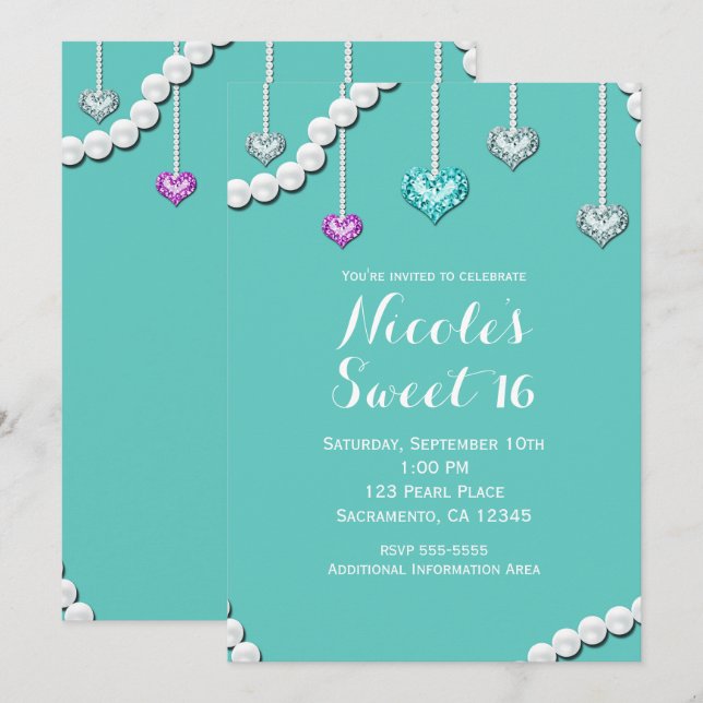 Invitación Diamantes y Perlas Brillo Joyas Cumpleaños Glam (Anverso / Reverso)