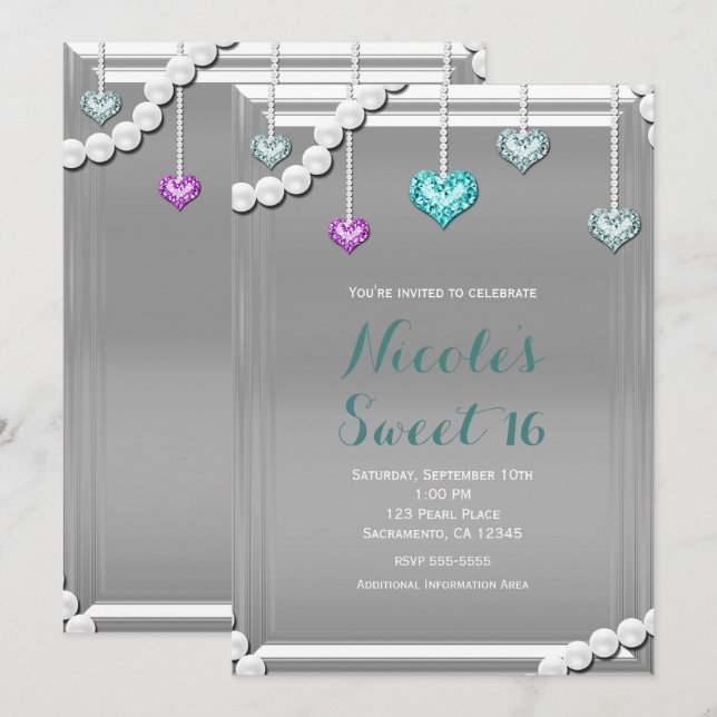 Invitación Diamantes y Perlas Brillo Joyas Fiesta de Cumpleañ (Anverso / Reverso)