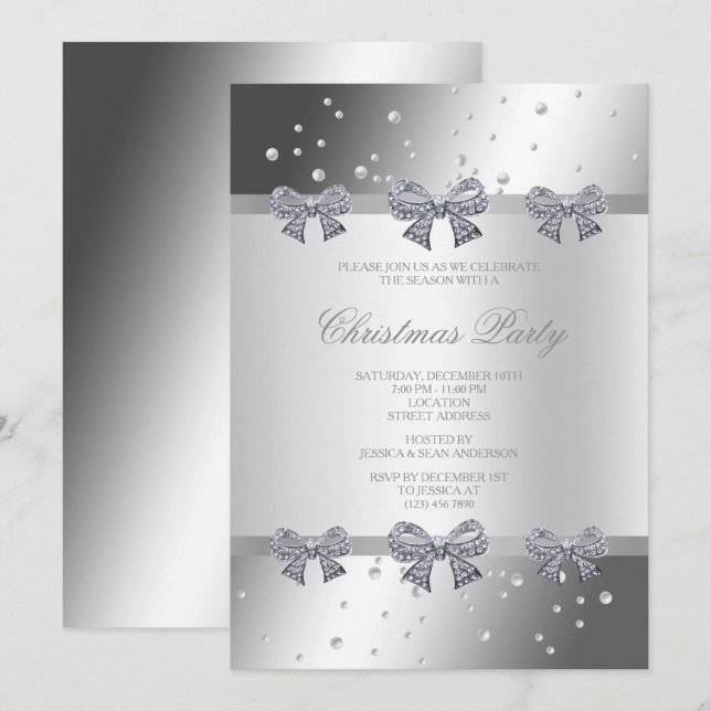 Invitación Diamantes y Perlas de Navidad Plateada (Anverso / Reverso)